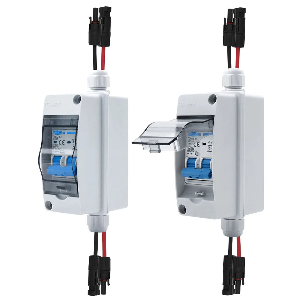 TOMZN Solar photovoltaic PV Combiner Box with circuit breaker HT 2ways 1 input 1 out DC with matching wires Waterproof Box IP65
