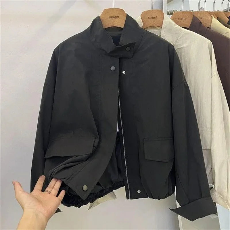 Korean Short Stand-up Collar Jacket Women's Loose Windbreaker Coat Spring Autumn Leisure Tooling Jacket Coat Female Overwear Top