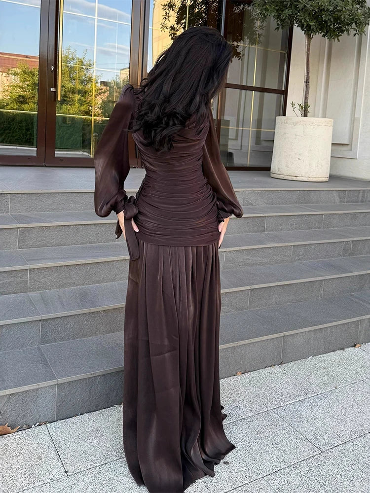 Casual round neck long sleeved pleated design dress with temperament satin high waisted spring and autumn new fashionable dress