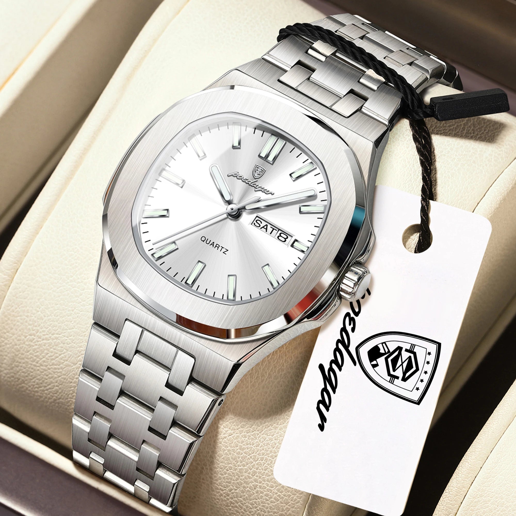 POEDAGAR Top Fashion Square Watch For Woman Luminous Waterproof Date Week Ladies Watch Stainless Steel Women's Quartz Wristwatch