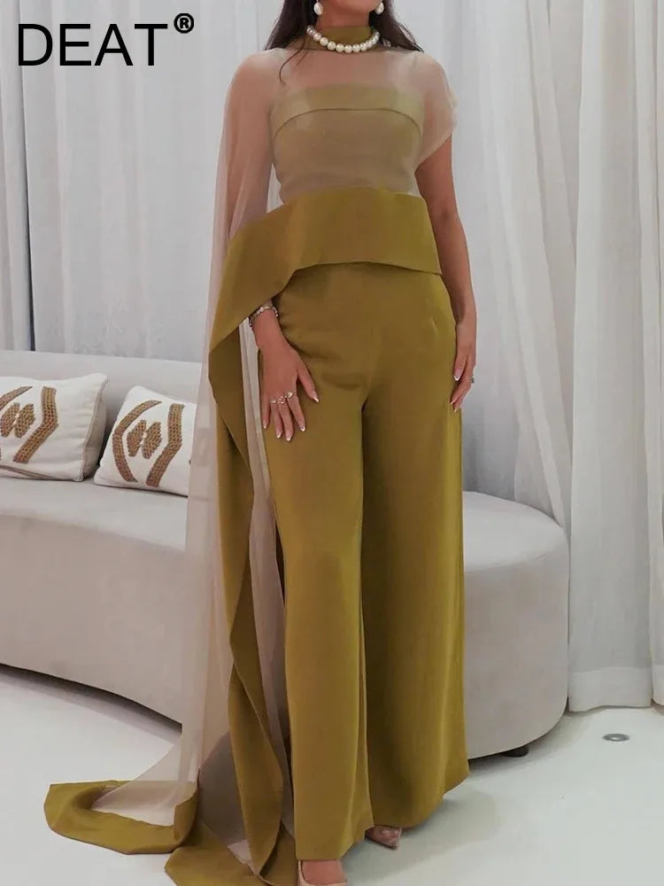 DEAT Elegant 2 Pcs Set Gauze Asymmetric Shawl Slip Wide Leg Playsuits Women's Evening Party Suit 2026 Spring New Fashion 35Z3666