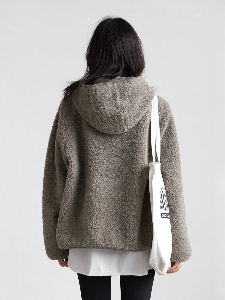 CHIC VEN Women Jackets Solid Loose Casual Split Hooded Short Coat Granular Fleece Warm Female Top Outerwear Autumn Winter 2025