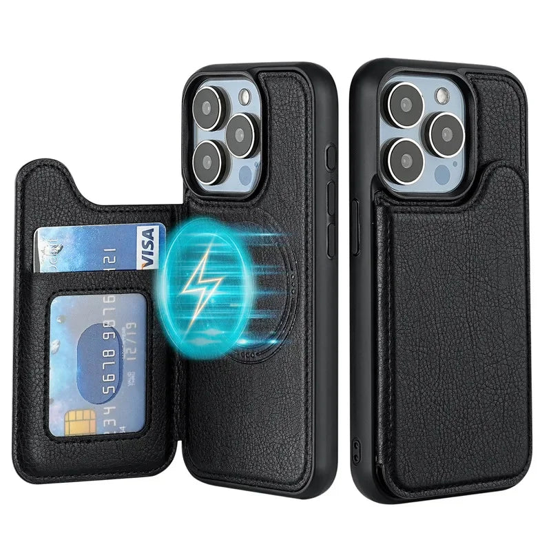 For Magsafe Magnetic Leather Phone Case for IPhone 17 Air 16E 16 15 Plus 14 13 12 Pro Max Wallet with Card Holder Cover