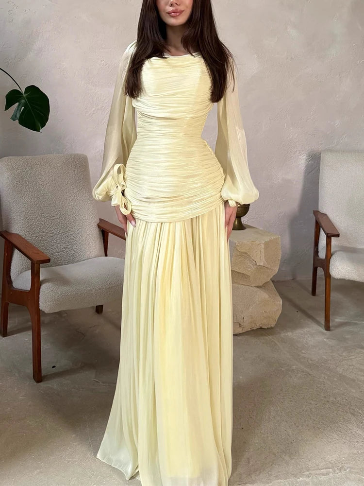 Casual round neck long sleeved pleated design dress with temperament satin high waisted spring and autumn new fashionable dress