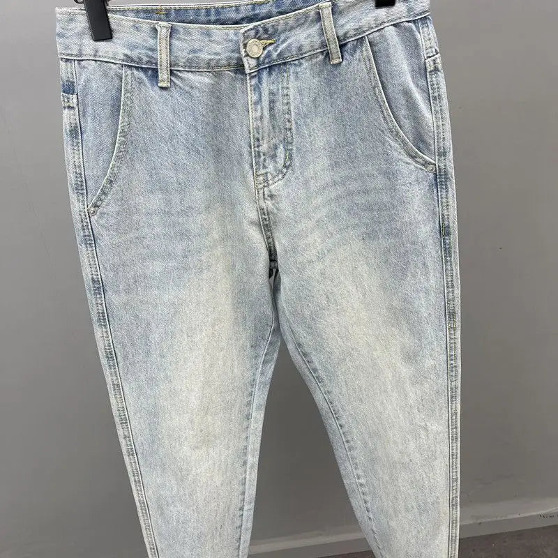 Slant Pocket Light Blue Slim-fitting Small-footed Jeans Men's Streetwear Simple Retro High Street Trousers Trendy Men's Pants