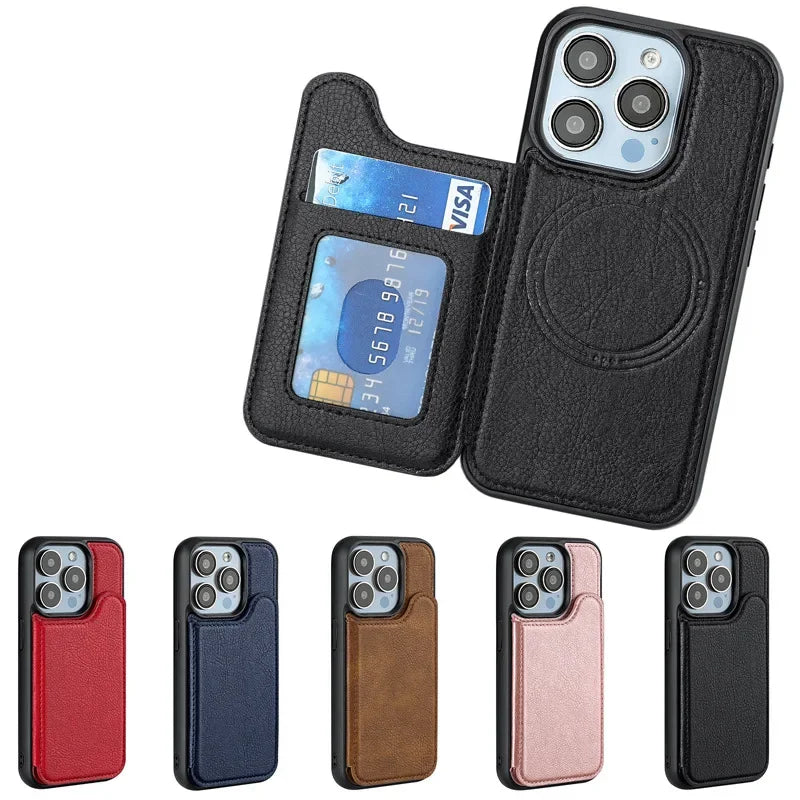 For Magsafe Magnetic Leather Phone Case for IPhone 17 Air 16E 16 15 Plus 14 13 12 Pro Max Wallet with Card Holder Cover