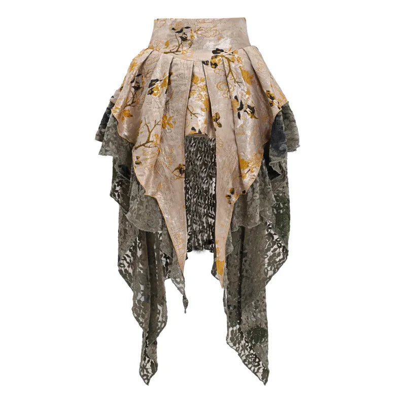 Blood Supply Original Festival Gothic Fairy Midi Skirt New Chinese Palace Disc Buckle Jacquard Asymmetric Lace Trailing Skirts
