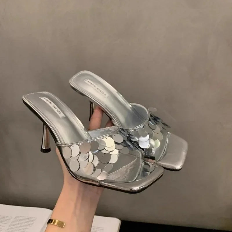 2025 Summer Hot Selling Women's High Heels and Slippers Fashionable and Elegant Square Toe Outdoor Versatile Silver Women Shoes