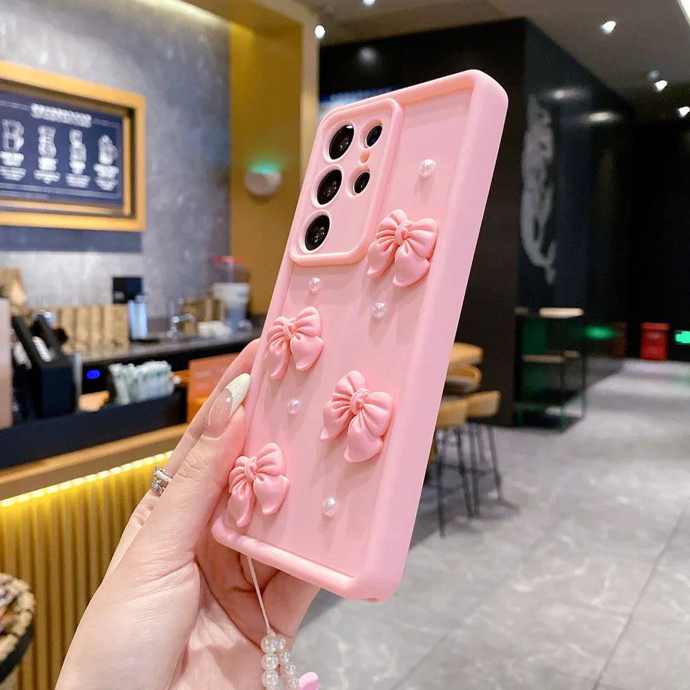 For Xiaomi Redmi Note 10 9 8 7 Pro 4g 5g 10s 3D Pearl Pink Bow Phone Case On Note10 S 10pro With Bracelet Soft Cover 9pro 8pro