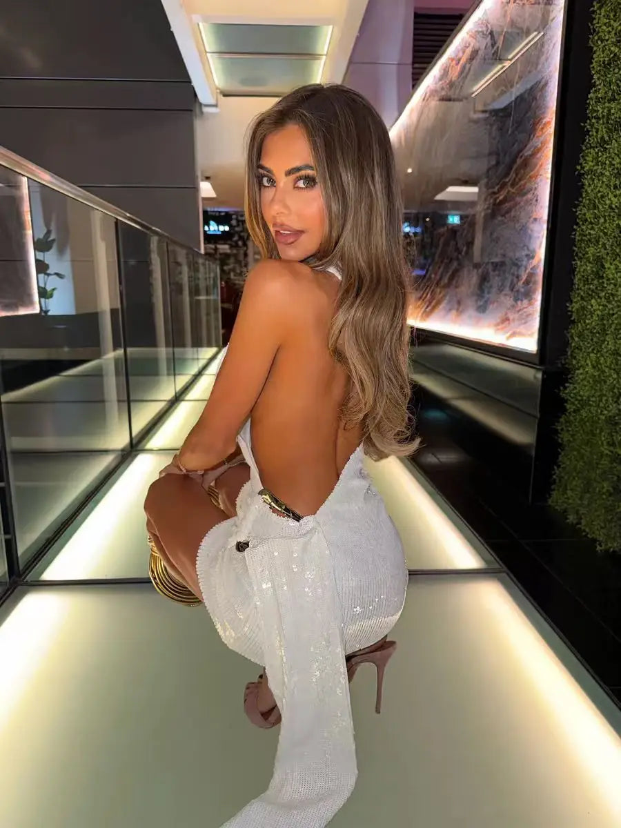 Sexy Sequin One-Shoulder Mini Dress Wome Backless Metal Buckle Ribbon Ruched Bodycon Dress Summer Shiny Nightclub Party Vestidos