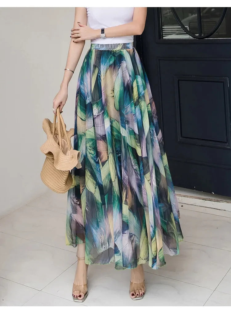 Elegant Skirts for Women Summer New Chiffon Half-body Skirt Crushed Flower Vacation Style Women's Beach Skirt Pleated Skirt