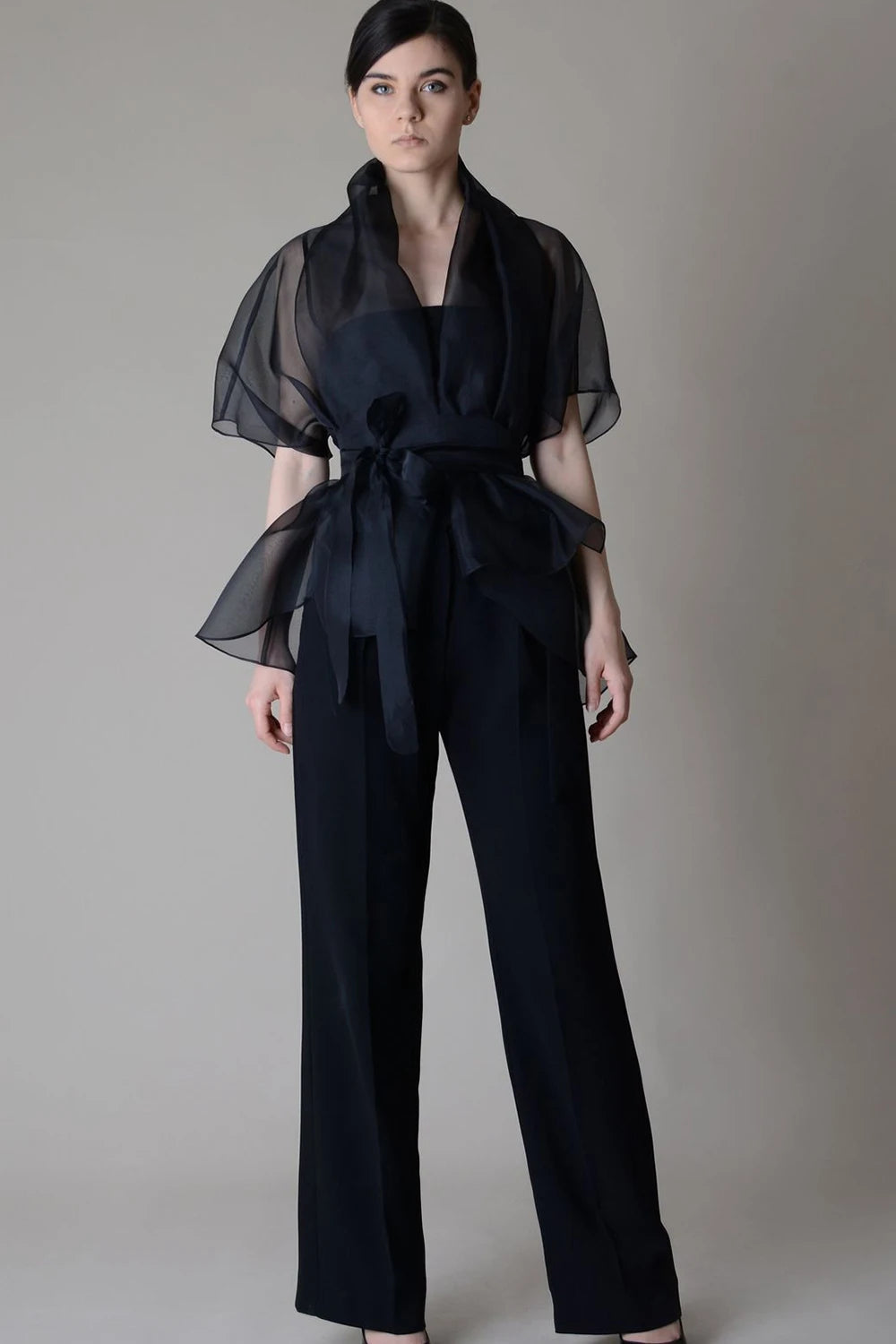Organza Mesh Blouse for Women Stand Collar Lace-up See Through V-Neck VCasual Elegant Office Lady Half Sleeve Blouse Top