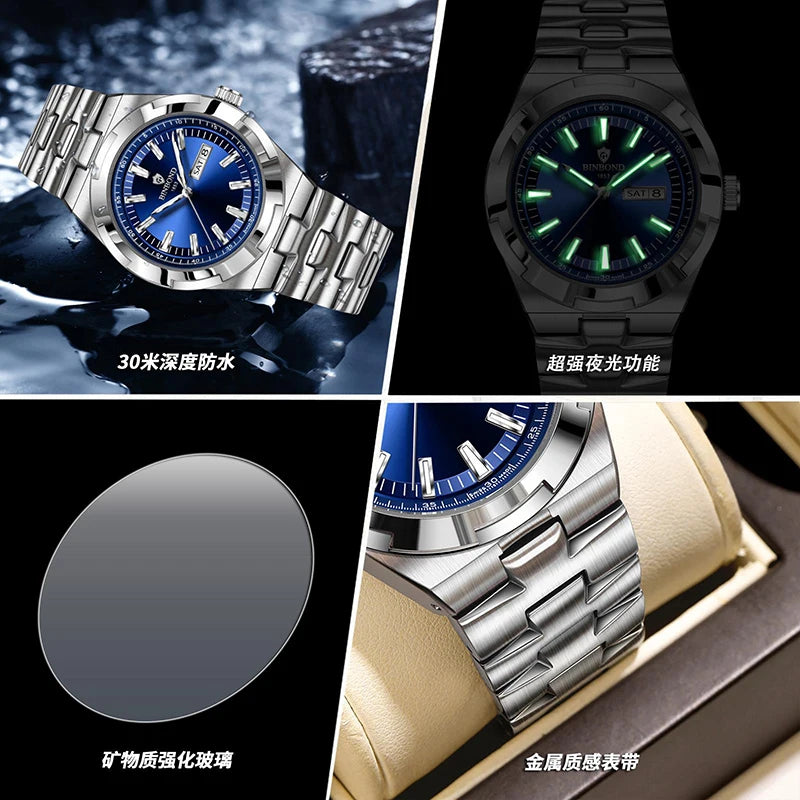 BINBOND Men's Watch Fashion Trend Night Light Calendar Waterproof Business Leisure Steel Strip Men's Watch Watches for man B025
