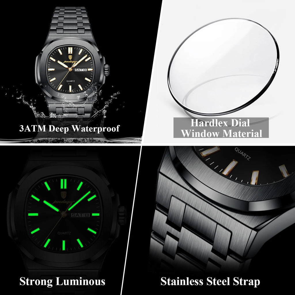 POEDAGAR Square Luxury Men's Wristwatch Luminous Waterproof Stainless Steel Male Clock Week Date Original Quartz Watches For Men