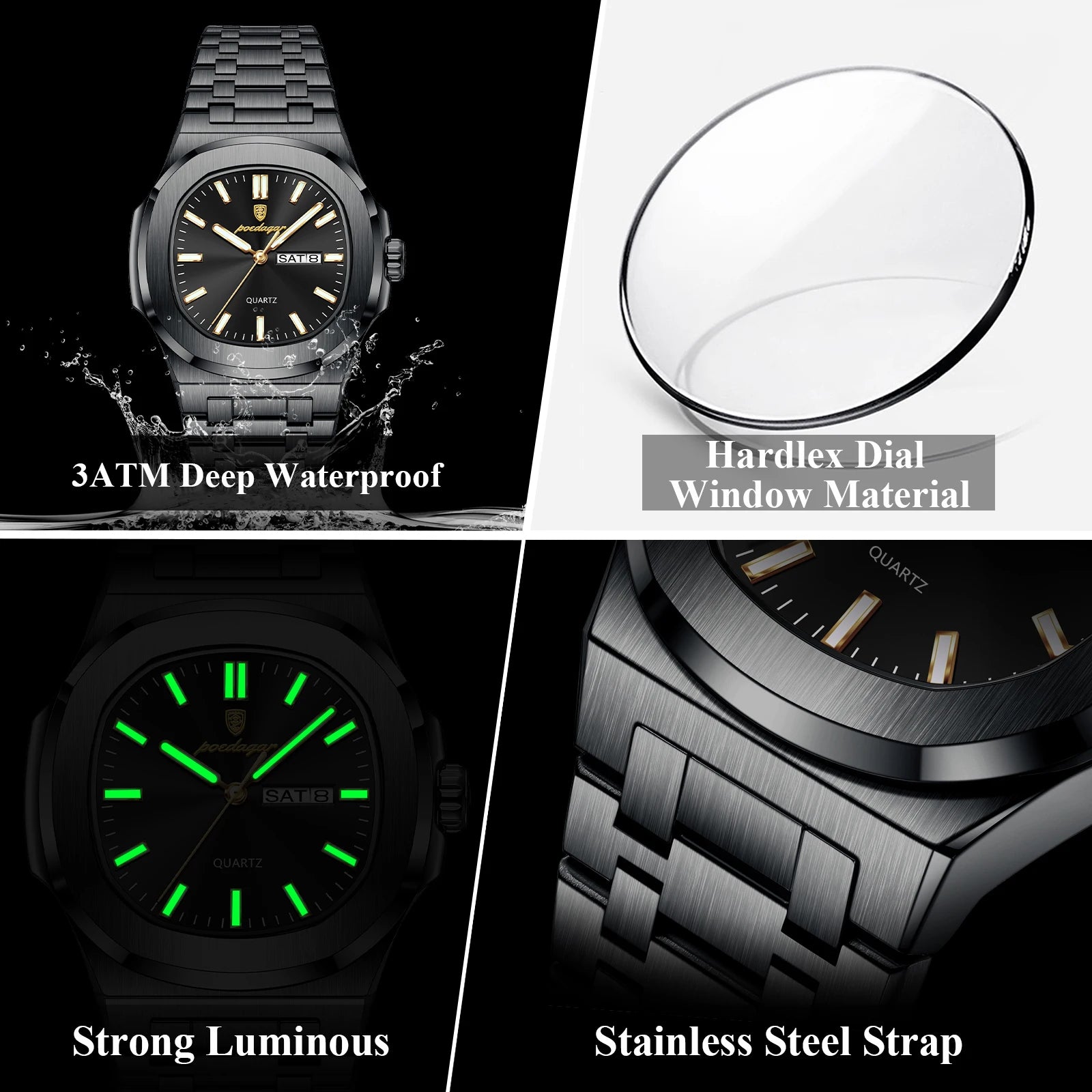 POEDAGAR Square Luxury Men's Wristwatch Luminous Waterproof Stainless Steel Male Clock Week Date Original Quartz Watches For Men