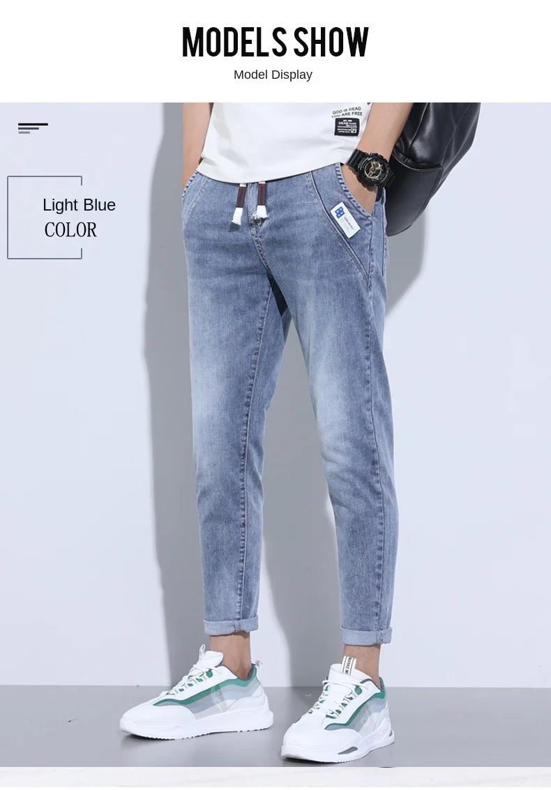 2023 New Summer Thin Style Korean Street LUXURY Work Pants Men's Elastic Waist Jogger Jeans for Work Wear Clothing Denim Jeans