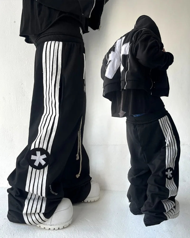 Y2K trendy Gothic English letter embroidered printed striped men sportswear pants retro Harajuku high Street punk casual pants