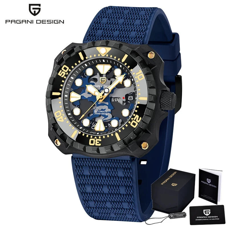 PAGANI DESIGN Men's Mechanical Watch Military Camouflage Hollow Dial NH35 Movt Sapphire 200m Waterproof Automatic Wristwatch