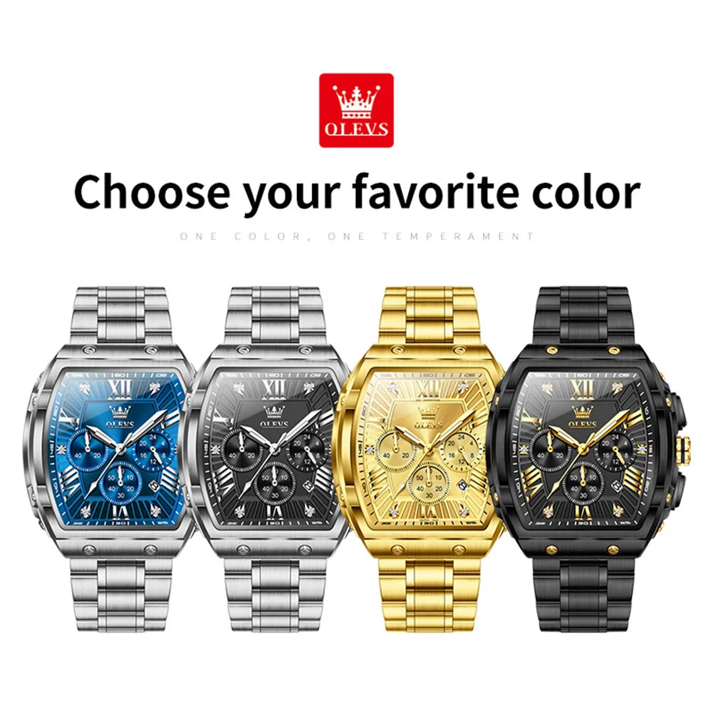 OLEVS 5639 Mens Watch Original Business Tonneau Quartz Watch Stainless Steel Waterproof Luminous Sports Date Watches New