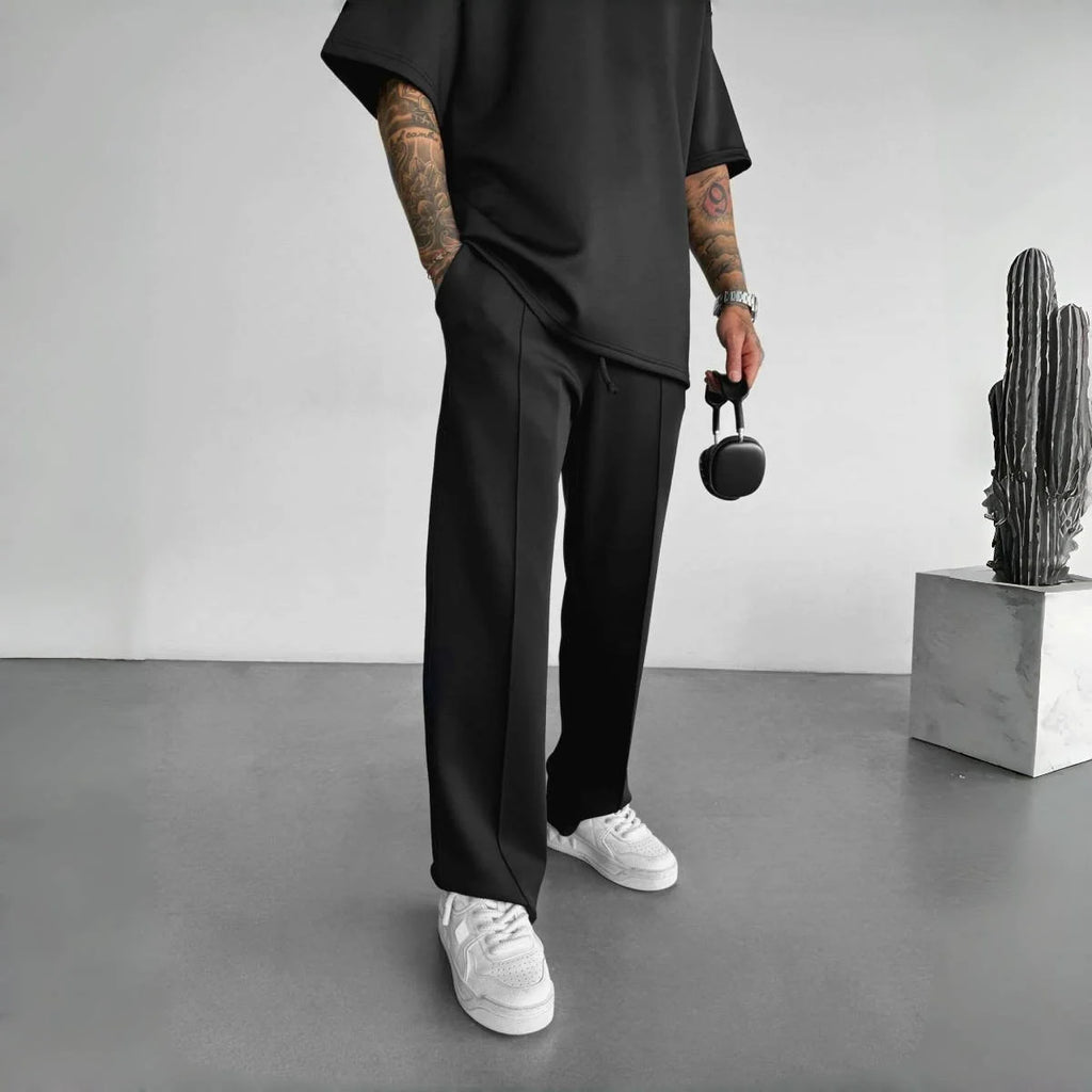 New men's casual pants, stylish and comfortable elastic waist drawstring single-line pleated solid color pocket mops pants