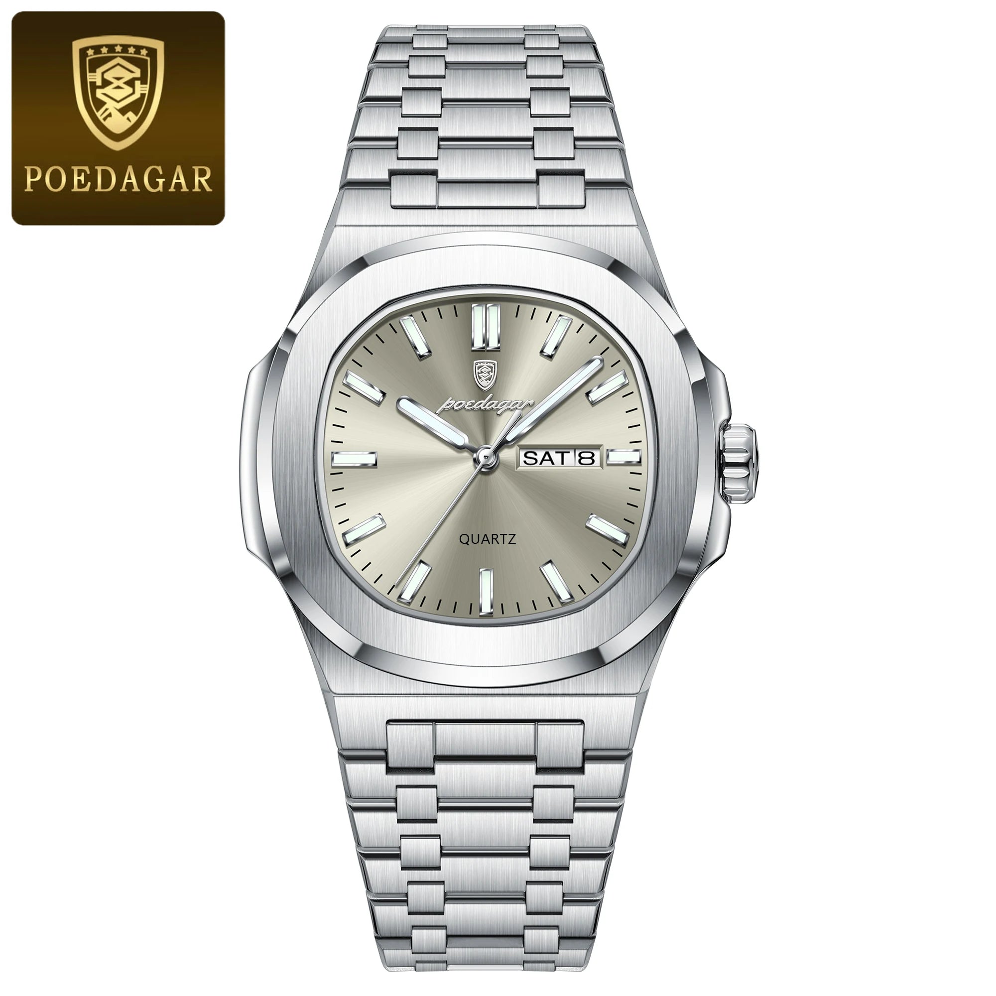 POEDAGAR Square Luxury Men's Wristwatch Luminous Waterproof Stainless Steel Male Clock Week Date Original Quartz Watches For Men