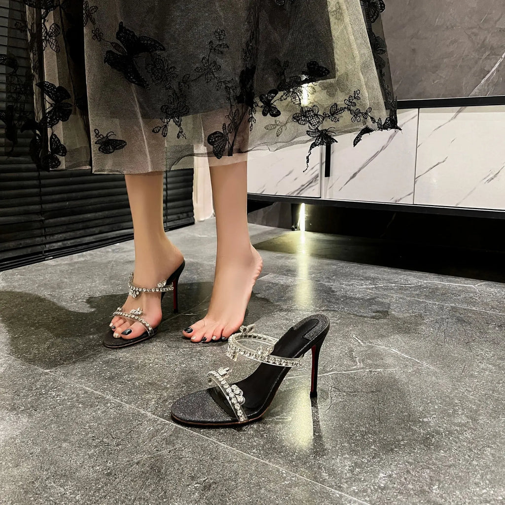 Size 33-41 Summer New Sandals with Transparent Crystal Rhinestones High-heeled Stiletto Women's Slippers  Designer Shoes