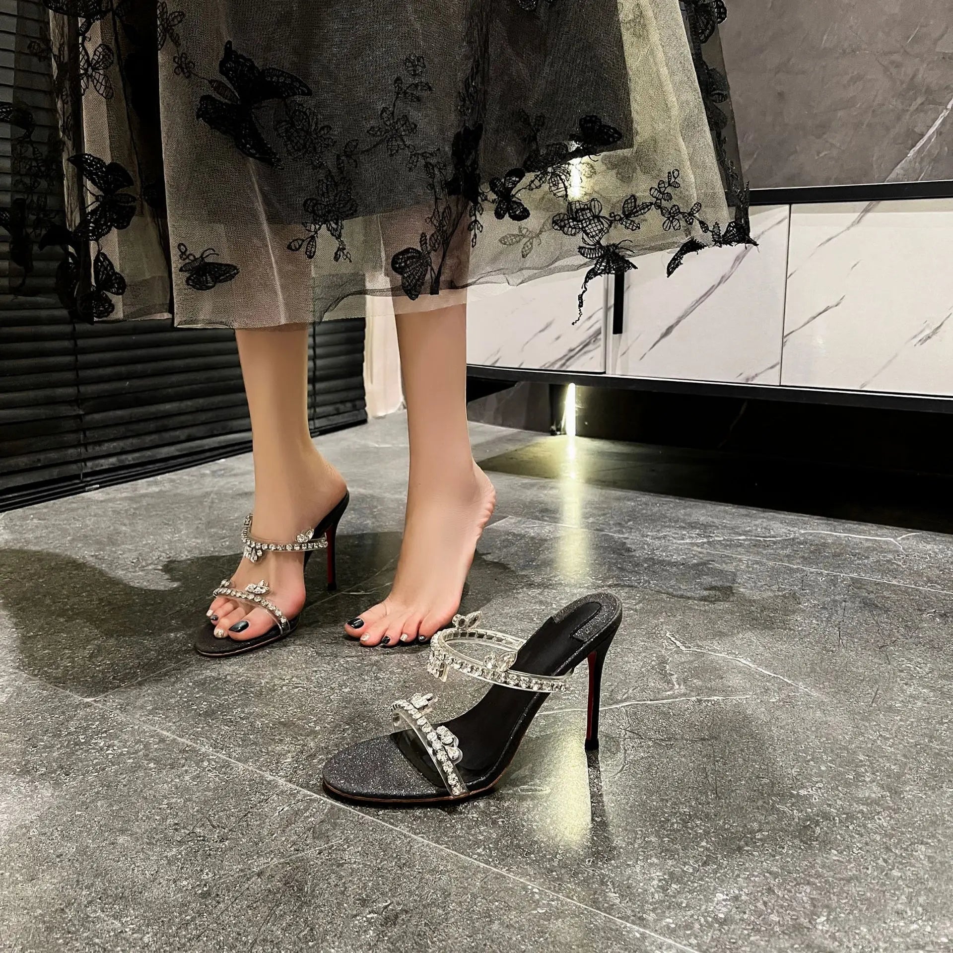 Size 33-41 Summer New Sandals with Transparent Crystal Rhinestones High-heeled Stiletto Women's Slippers  Designer Shoes