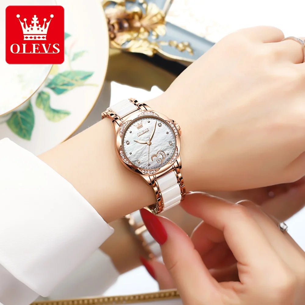 OLEVS 6631 Automatic Watches for Women Elegant Rose Gold Ceramics Strap Diamond Bezel Waterproof Women's Mechanical Wristwatches
