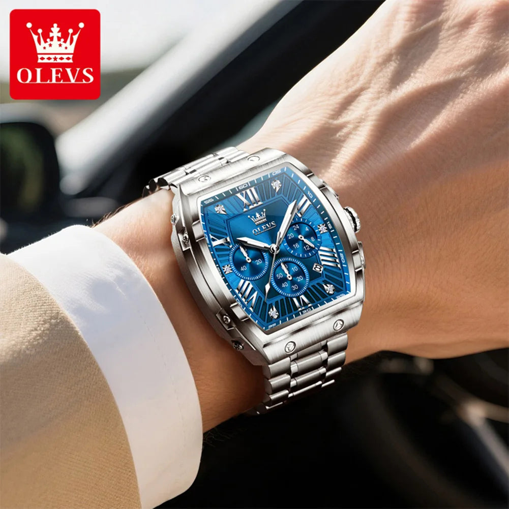 OLEVS 5639 Mens Watch Original Business Tonneau Quartz Watch Stainless Steel Waterproof Luminous Sports Date Watches New