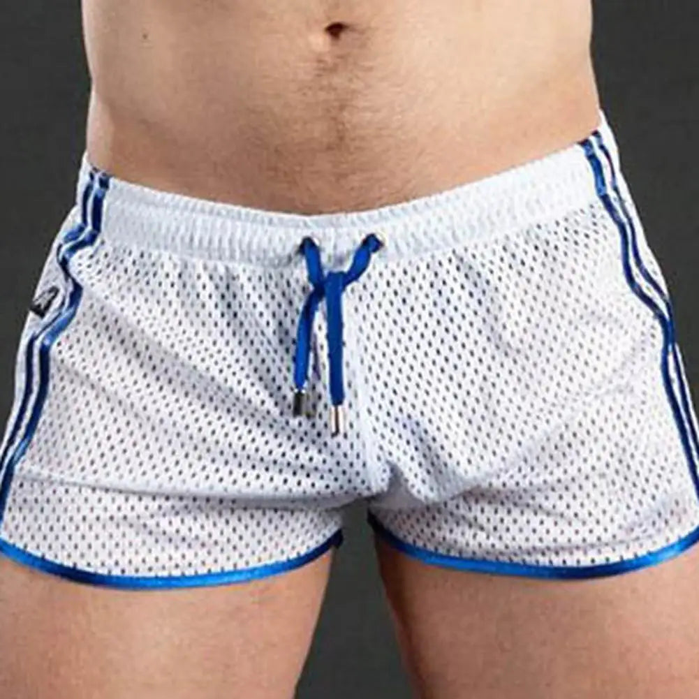 Summer Men Sport Shorts Color Matching Hollow Mesh Loose Drawstring Elastic Waist Quick Dry Jogging Gym Vacation Beach Shorts