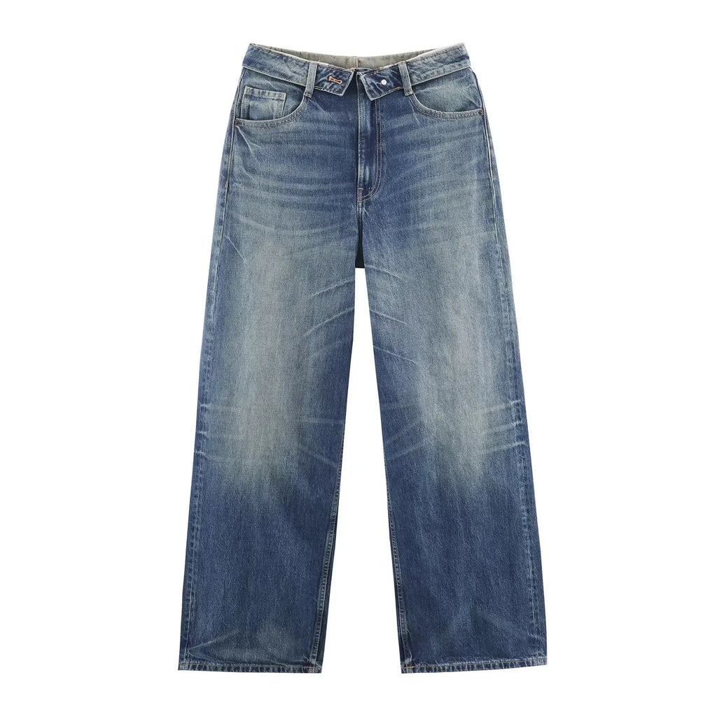 New Autumn/Winter Fashion Casual Mid Waist Hole Solid Color Loose Fit Wide Leg Jeans,3 Colors
