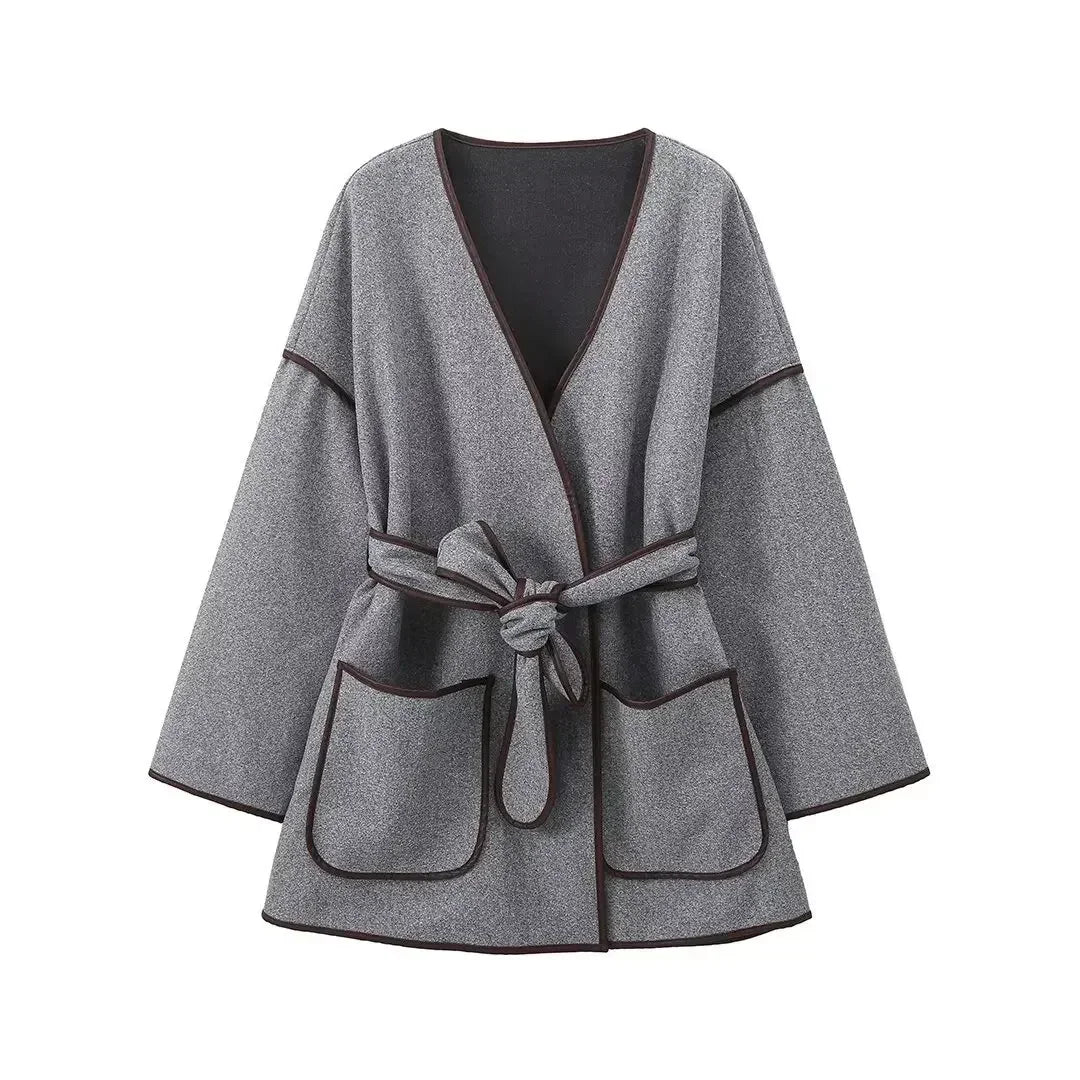 Women's Solid Lace Up Coats Fashion V-neck Loose Woolen Full Sleeves Short Jackets 2025 New Autumn Daily Highstreet Overcoats