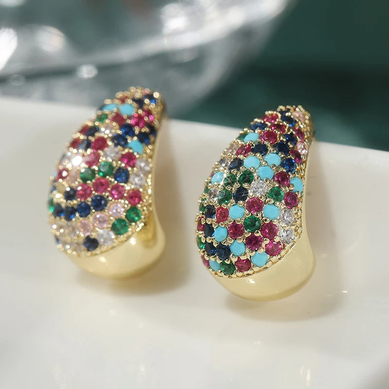 Luxury Gold Color Geometry Inlaid Multicolored Cubic Zirconia Copper Stud Women's Earrings Party Earrings Woman Fashion Jewelry