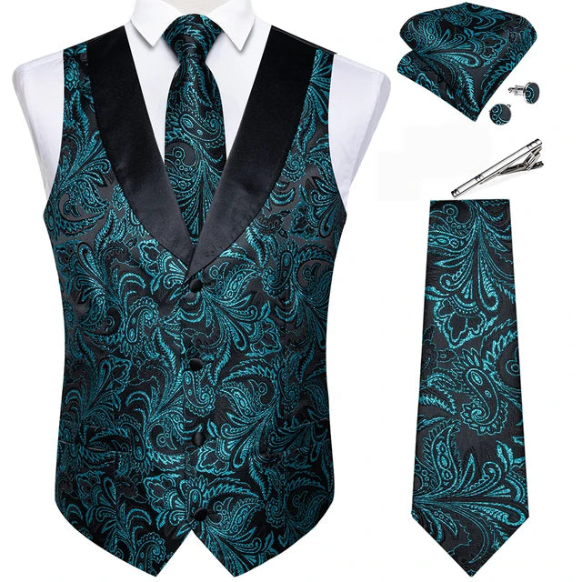 Suit Vest Set For Men Wedding Luxury Gray Paisley Dress Vests Necktie Clip Cufflinks Handkerchief Male Sleeveless Waistcoat Gift