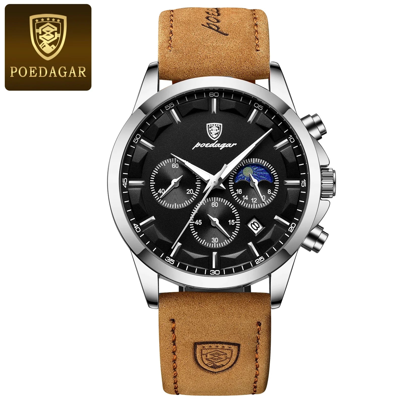 POEDAGAR Luxury Business Man Watch Waterproof Chronograph Luminous Date Male Wristwatch Leather Fashion Men's Quartz Watches+Box
