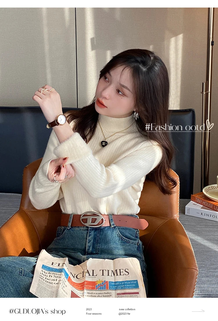 Women's Turtleneck Sweater Winter 2026 Retro with Velvet Lining Thickened Inner Wear Thermal Knitting Bottoming Shirt Pullovers