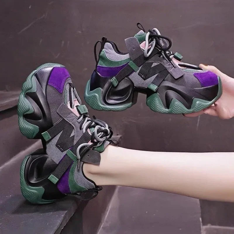 2025 New Platform Sneakers Women Sports Ladies Trainers Vulcanized Shoes Woman Color Blocked Lace Up Trendy Chunky Sneakers