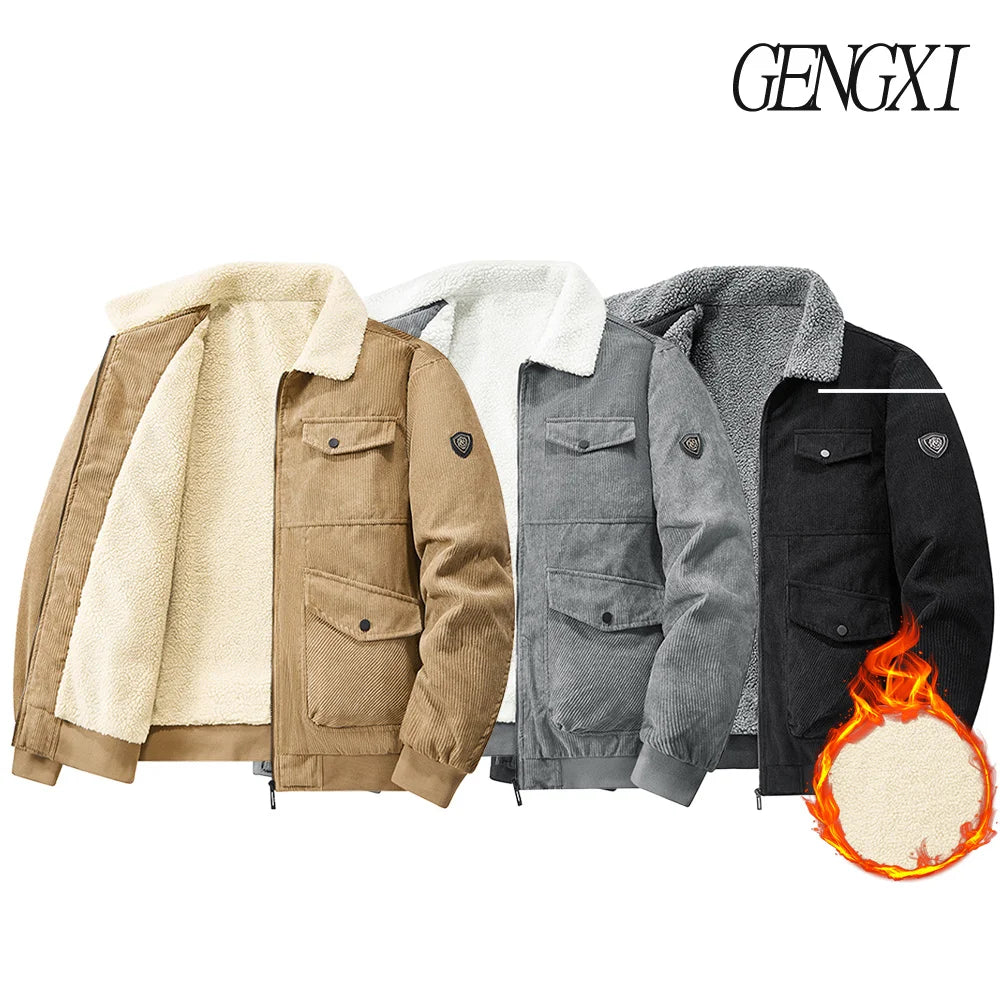 Mid-Age Gentleman's Lapel Corduroy Jacket Winter New Arrival: Military-Style Fleece-Lined, Thickened Windproof Workwear Coat
