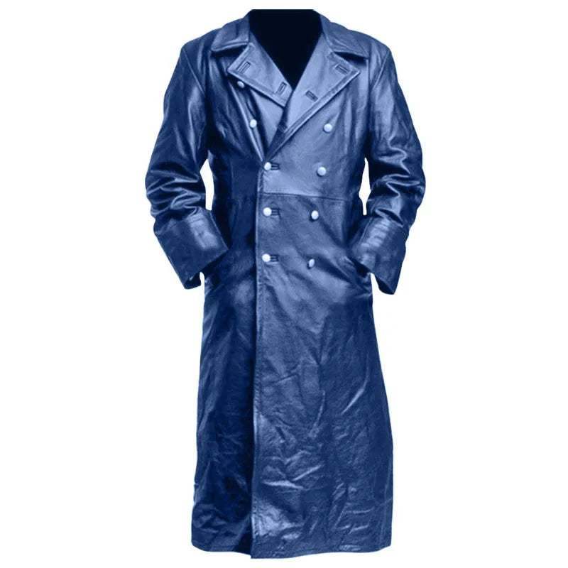 Men Faux Leather Coats Pu Long Coat Splice Double Breasted Turn Down Collar Slim Fit Thick Casual Jackets Autumn Winter