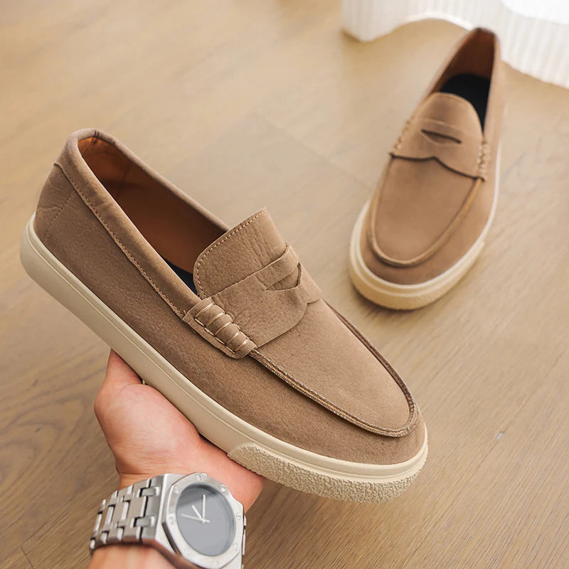 2025 Men's Genuine Suede Loafers 39-44, Black Round-Toe with Decorative Flap & Stitching Details, Brown Lined Comfortable Fit