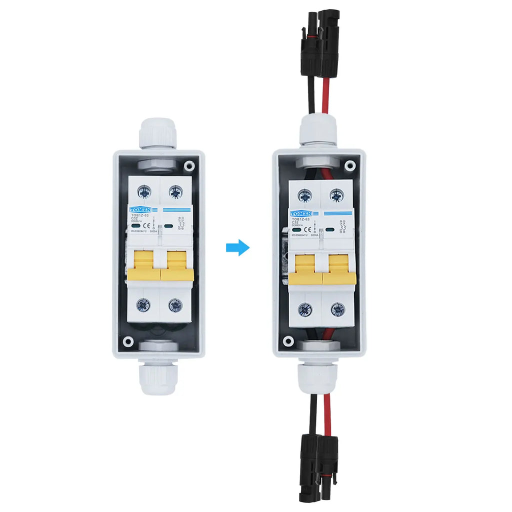 TOMZN Solar photovoltaic PV Combiner Box with circuit breaker HT 2ways 1 input 1 out DC with matching wires Waterproof Box IP65
