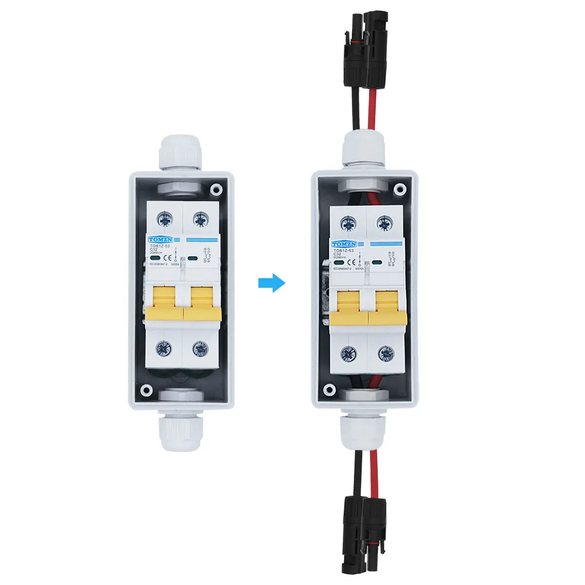 TOMZN Solar photovoltaic PV Combiner Box with circuit breaker HT 2ways 1 input 1 out DC with matching wires Waterproof Box IP65