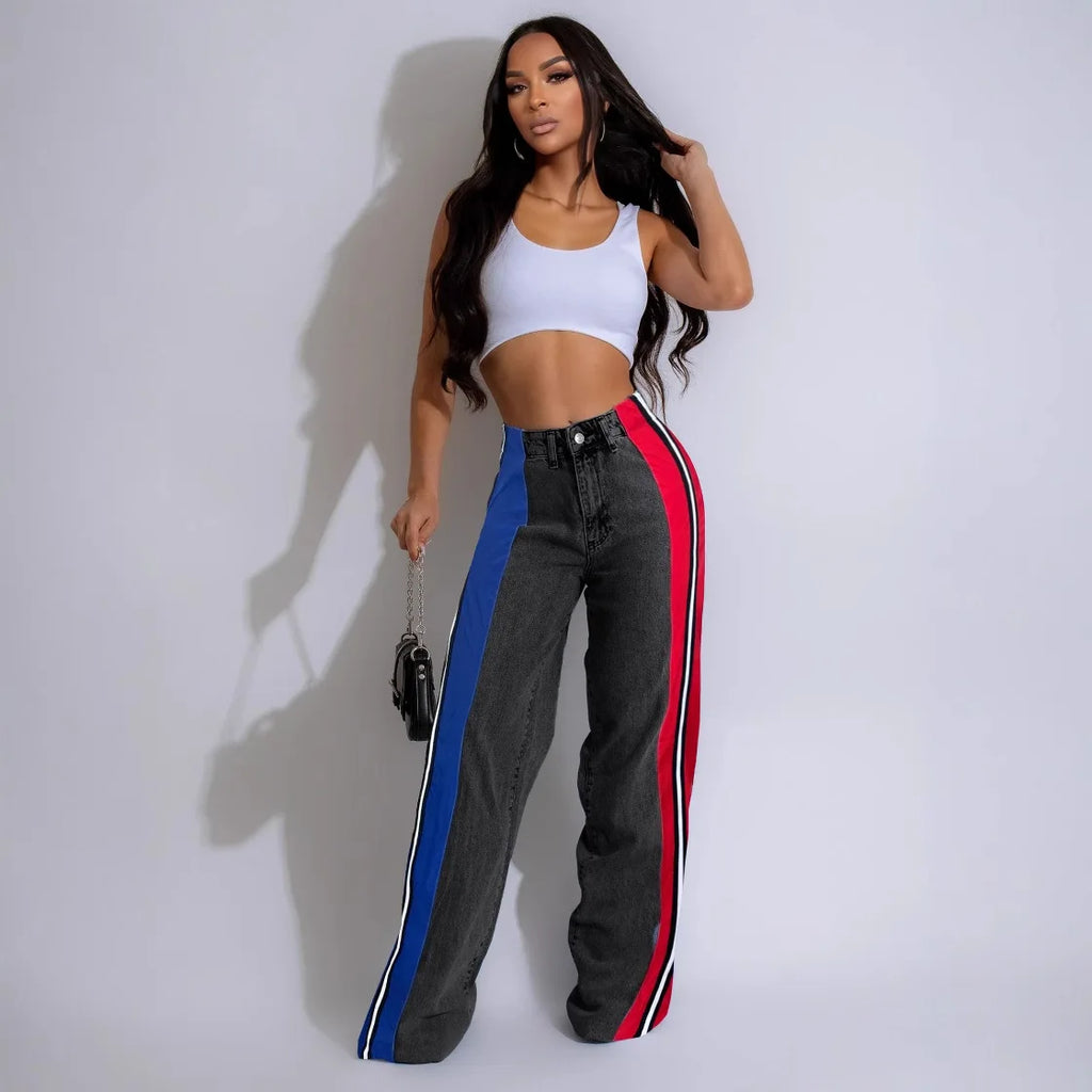Denim Pants Women Patchwork Spliced Long Pant Mom Straight Button High Waist Casual Jeans Trousers Pocket Lady Y2k Autumn