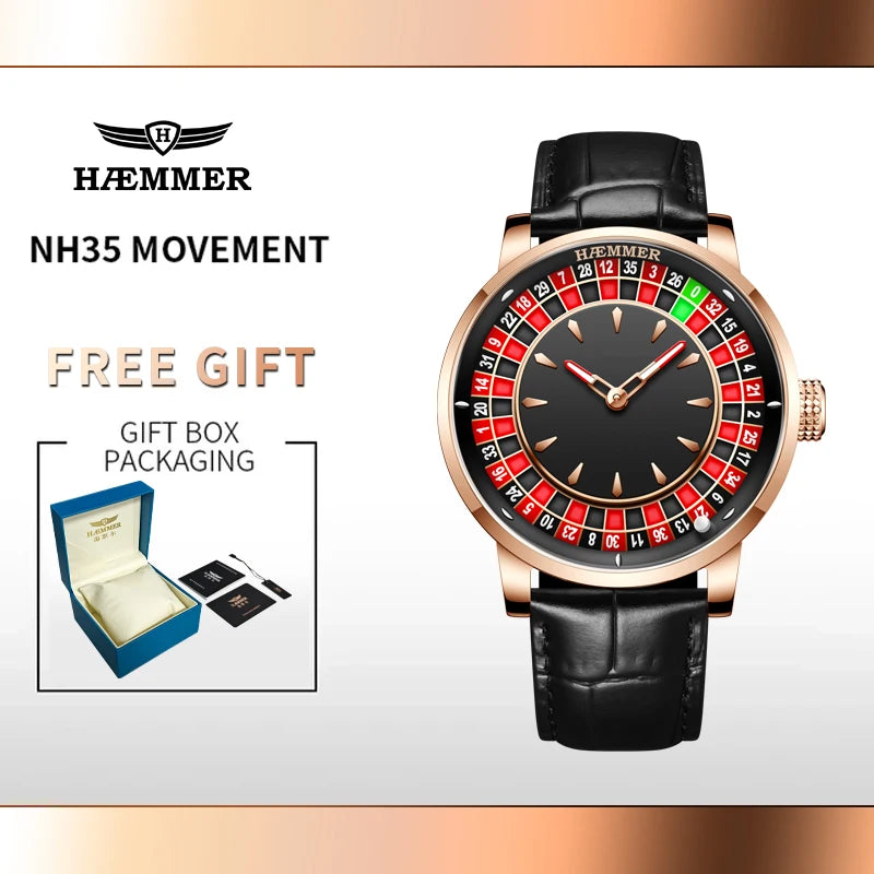 HAEMMER Luxury Men's Mechanical Watch NH35 Men's Roulette Rotary Sapphire Glass Watch Waterproof