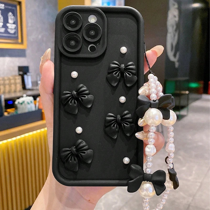 For Xiaomi Redmi Note 10 9 8 7 Pro 4g 5g 10s 3D Pearl Pink Bow Phone Case On Note10 S 10pro With Bracelet Soft Cover 9pro 8pro