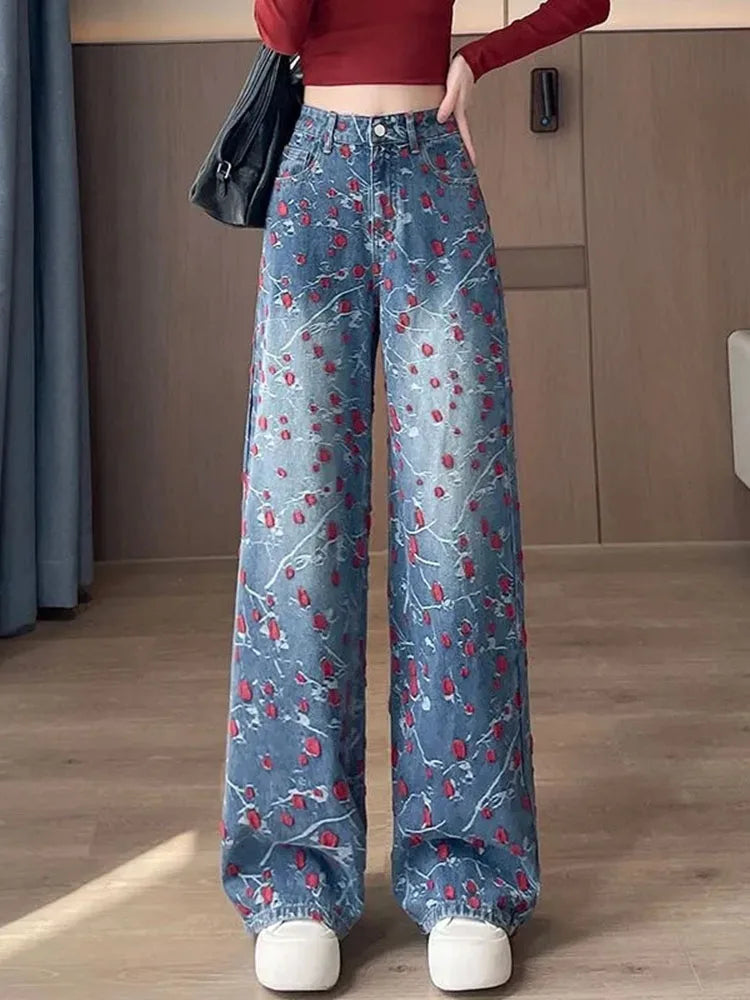 2026 New Embroidered Straight Jeans Women Fashion Denim pants Female Autumn High Waist wide-leg pants Ladies Casual Trousers