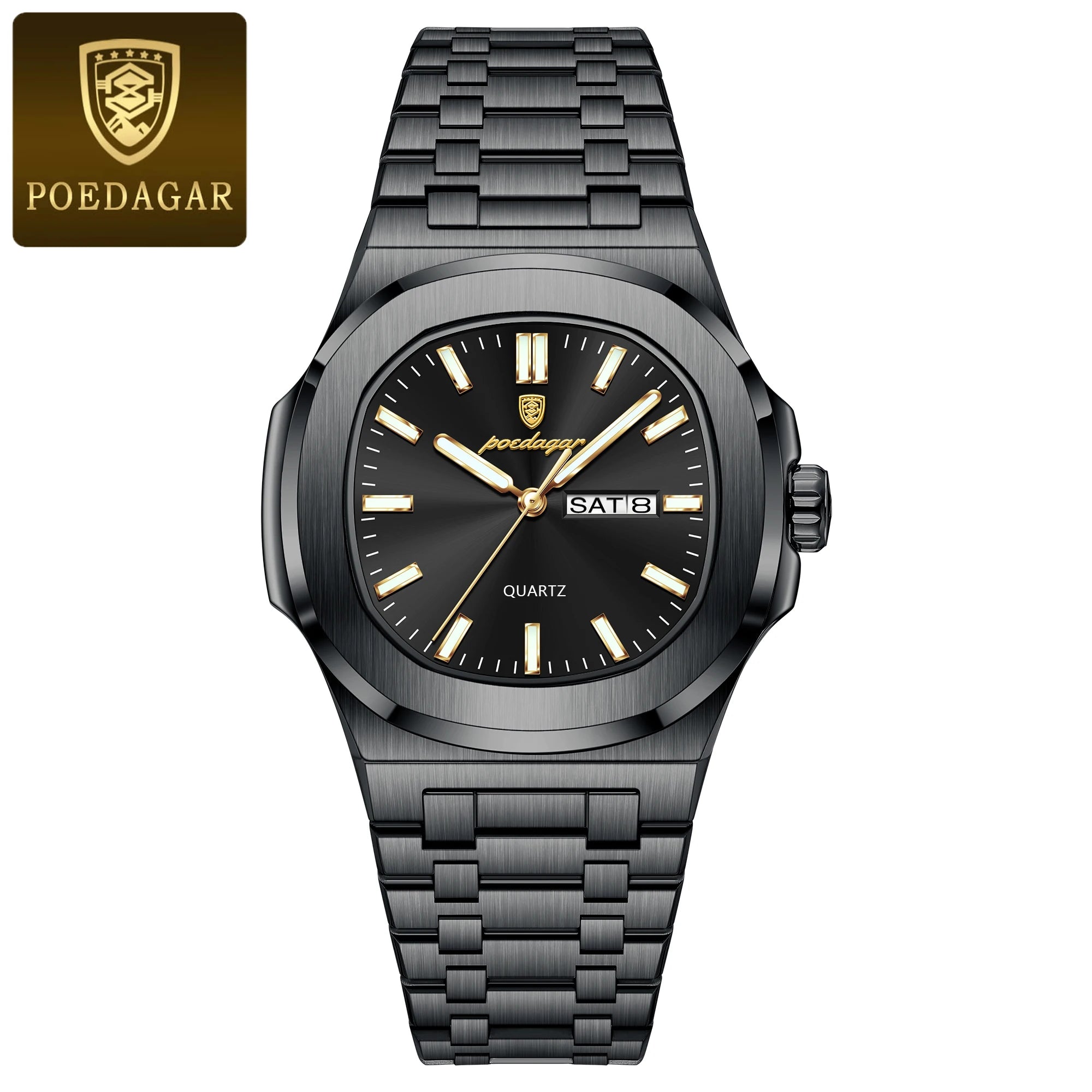 POEDAGAR Square Luxury Men's Wristwatch Luminous Waterproof Stainless Steel Male Clock Week Date Original Quartz Watches For Men