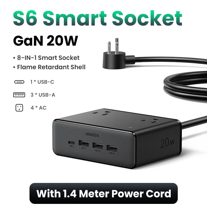 UGREEN 8 in 1 Power Strip 4 AC Outlets 3 USB-A 1 USB-C 1875W 15A 125V Surge Protector Short Circuit PC Material Indicator Light