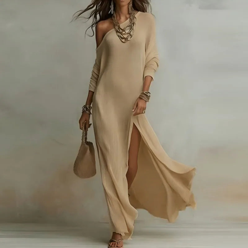 Spring One Shoulder Long Sleeve Holiday Dress Woman Sexy Skew Collar Split Bohemian Dress Elegant Solid Slim Casual Maxi Dresses