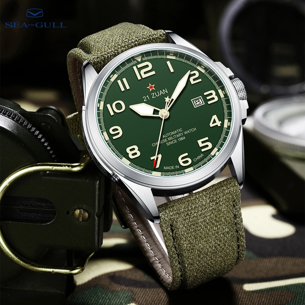 Sea-Gull Military 43mm Mechanical Men's Watch ST16 Automatic Luminous Watch Calendar 316L Stainless Steel Sapphire Watches D581